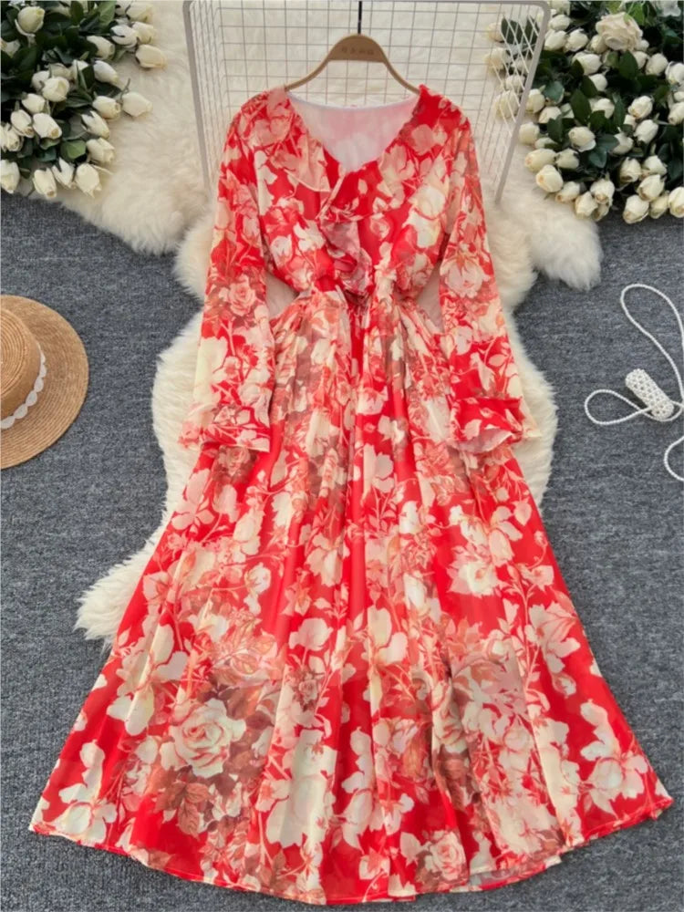 Women Elegant Floral Print Dress for Women Vintage V-Neck Long Sleeves Chiffon Slim A-Line Vestidos Mujer Autumn Female Clothes