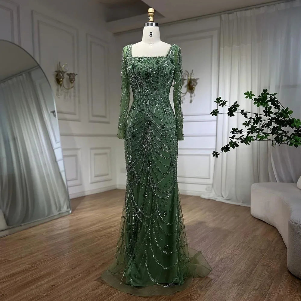 Serene Hill Luxury Dubai Green Mermaid Elegant Crystal Beaded Arabic Evening Dresses Gowns For Women Wedding Party 2023 BLA72242