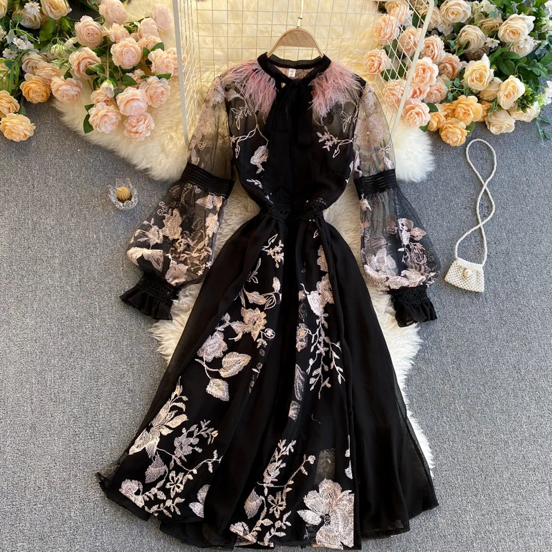 Retro Print Floral Embroidery Elegant Lace Up Dress A-line Long Sleeve Casual O-neck High Waist Dress Women Ceremonial Dress
