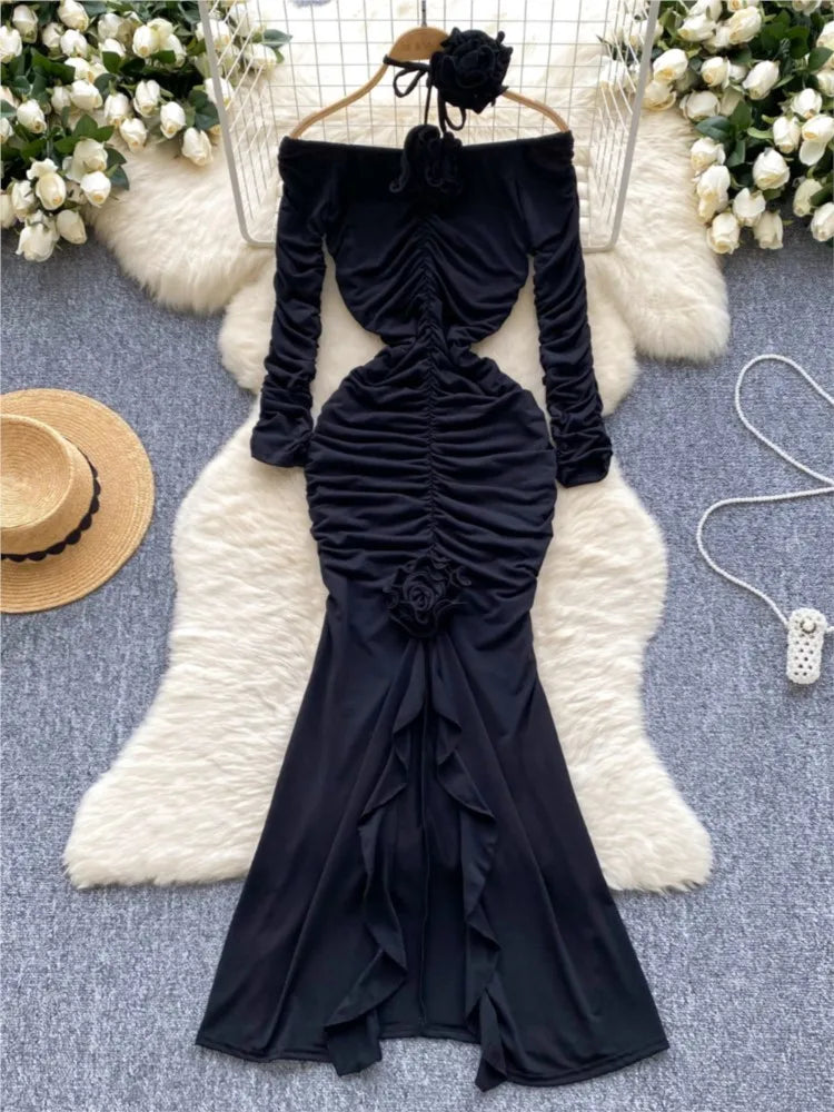 Sexy Elegant and Chic Women Pleated Mermaid Dress Strapless Bodycon Slim Evening Party Christmas Dresses Female Clothes Mujers
