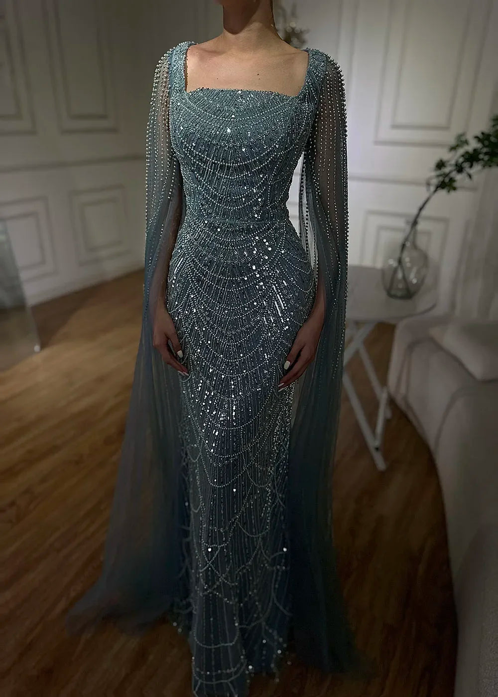 Serene Hill 2024 Saudi Arabic Turquoise Mermaid Evening Dress With Beaded Cape Sleeves For Formal Occasion BLA72590A
