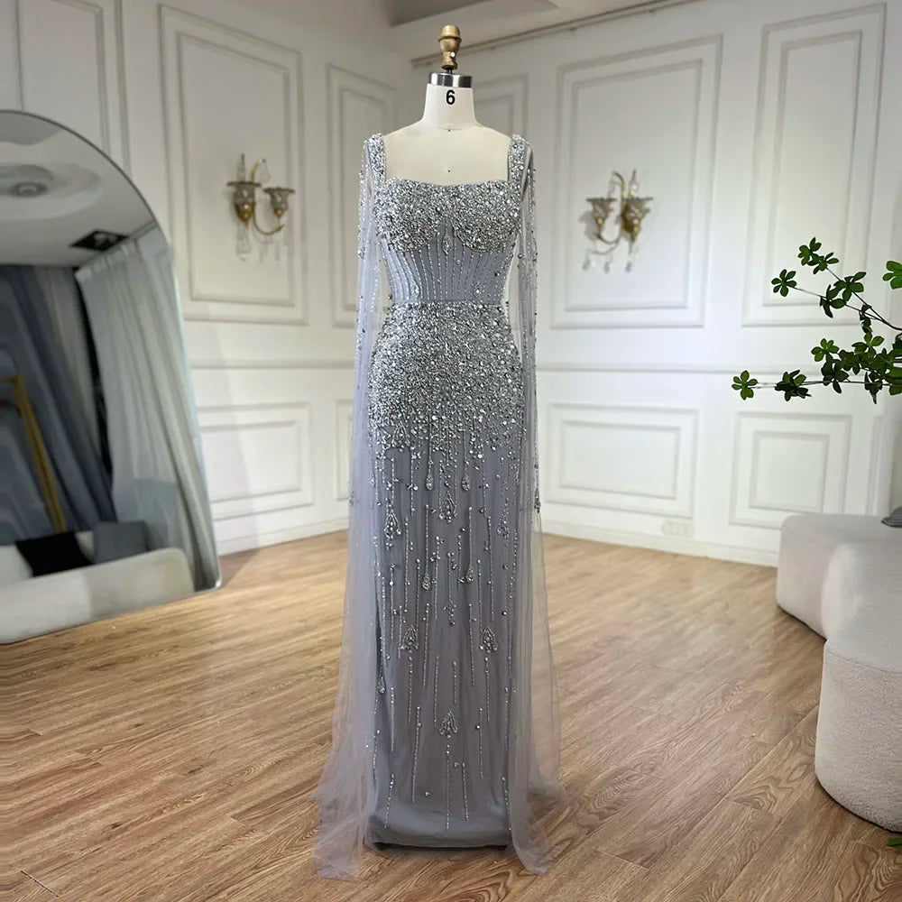 Serene Hill Arabic Gray Mermaid Beaded Luxury Dubai Long Evening Gown with Cape Sleeves Elegant for Women - Party 2024 BLA72592
