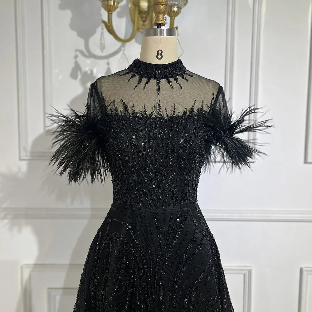 Serene Hill 2024 Arabic blue A Line Short Sleeveless Luxury Evening Dresses Beaded Feathers For Women Wedding Party LA72351