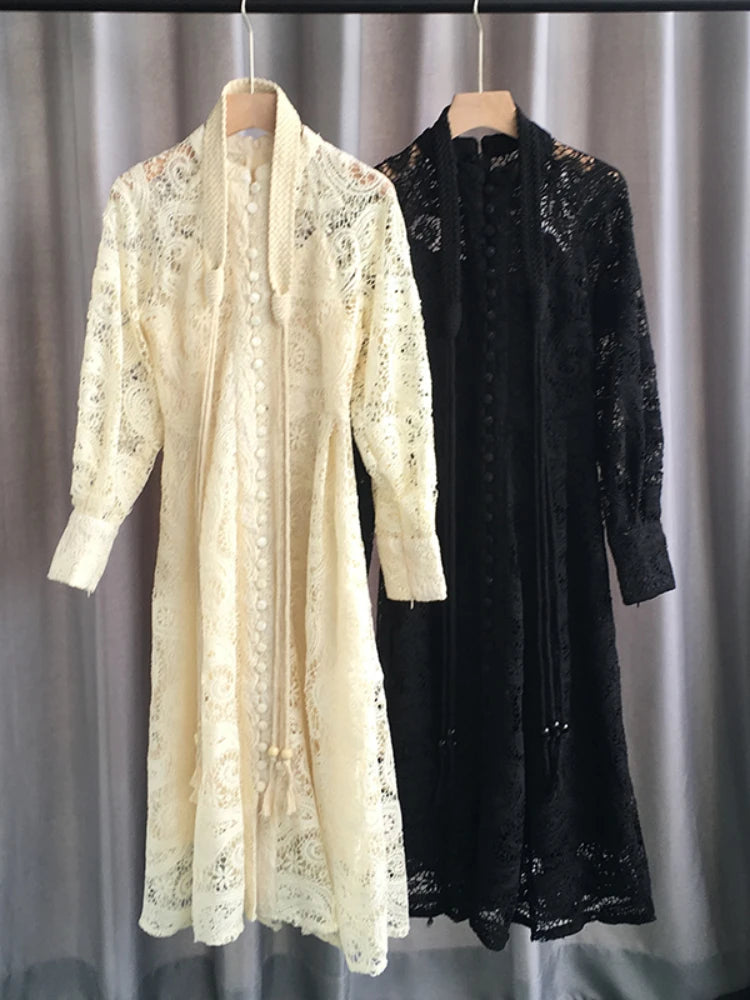 French Vintage Lace Dress Women Elegant Lantern Sleeve Party Long Dress with Belt ladies Slim A-line Spring Autumn Long Robe