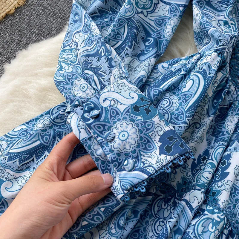 Spring Summer Women Dresses Elegant Vintage Print Holiday Bohemian Beach Dress Stand Collar Long Sleeve Ruffle Tiered Mini Dress