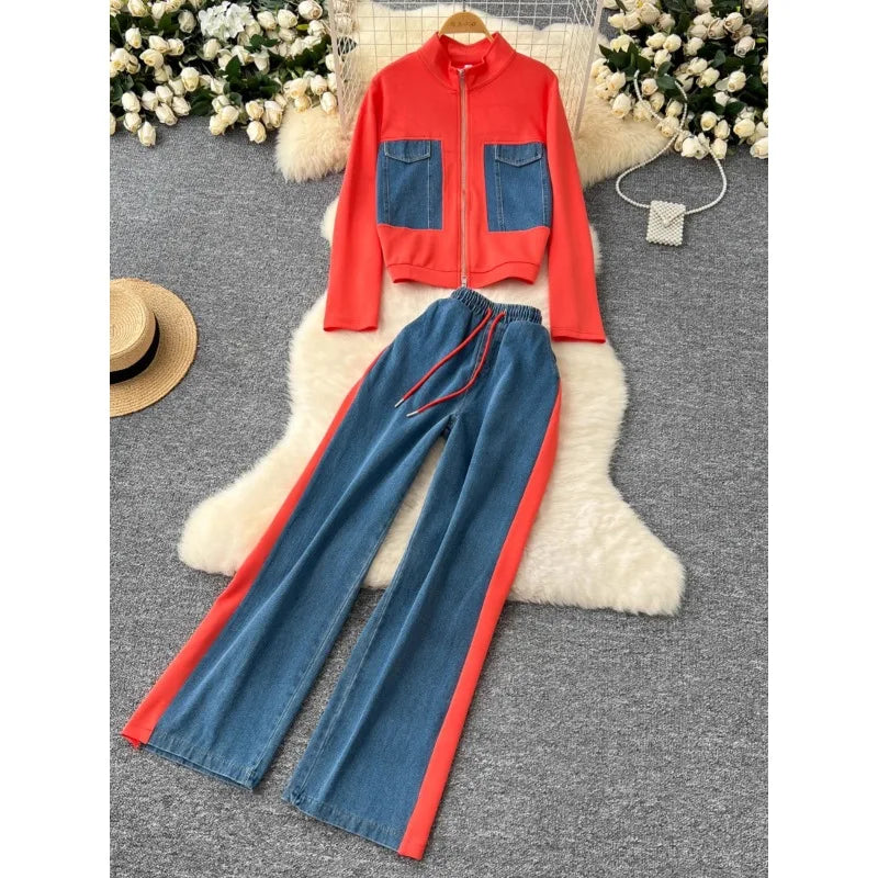 Fashion Two Piece Set Women Autumn Casual Sports Versatile Stand Up Collar Zipper Long Sleeved Top Jacket + Denim Patchwork Pant