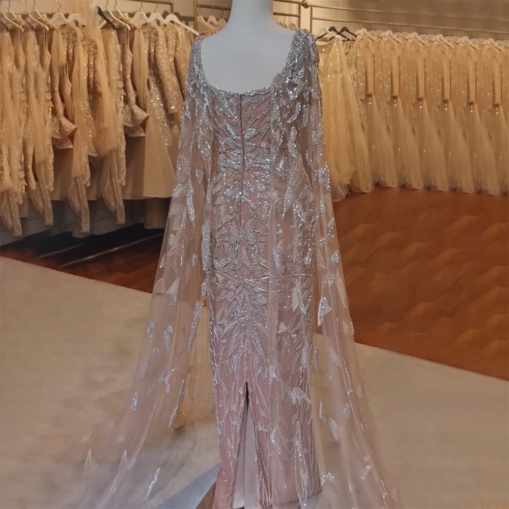 Serene Hill Arabic Pink Cape Sleeves Mermaid Dubai Evening Dresses Beaded Luxury Wedding Party Gowns For Women 2024 LA72261