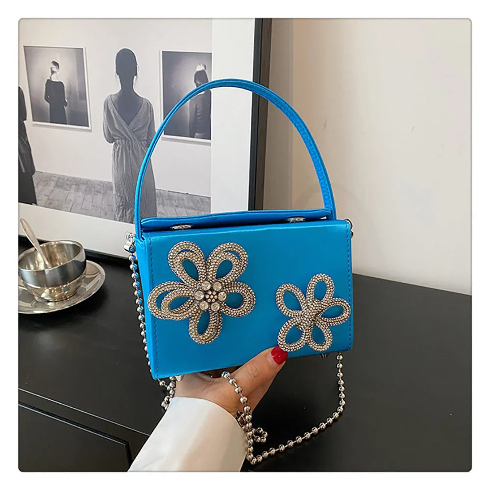 Light Luxury High-Grade Women Chain Crossbody Bag Korean Design Sense Diamond Flower New Pop Handbag Fashion Box Mini Square Bag