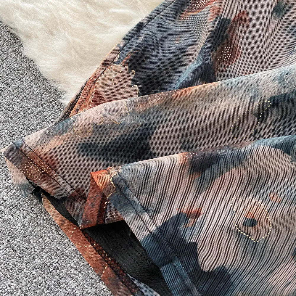 Elegant High Waist Fashion Print Pleated Split Dress Long Sleeve Square Neck Vestidos Autumn Winter Pencil Dress