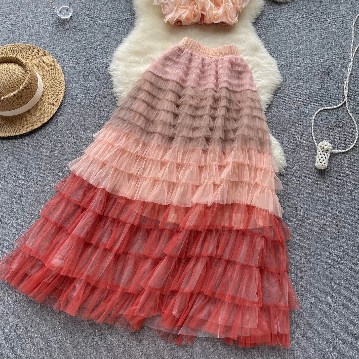 New Women Two Piece Set Summer Three-dimensional Flower Mesh Vest Tank Tops+mesh Long Skirts Fashion Korean Outfits