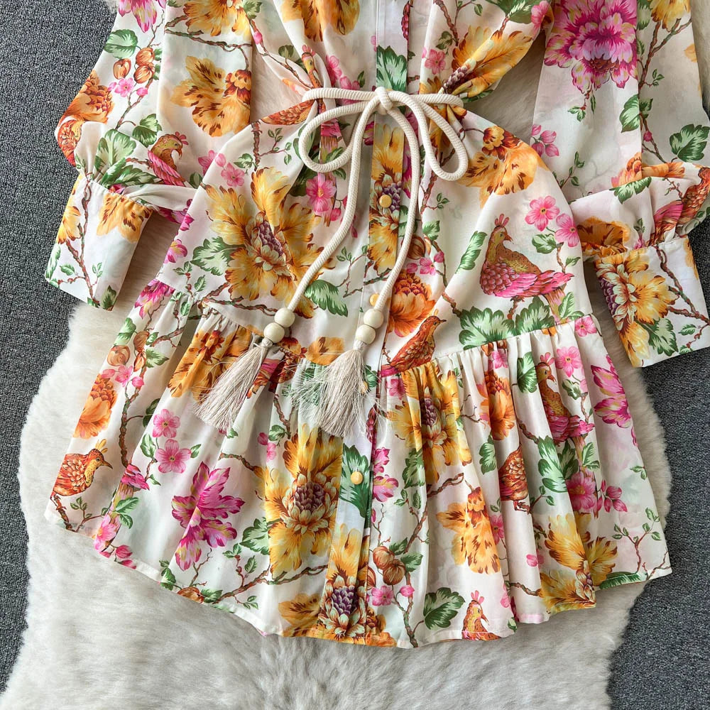 Spring Vacation Dresses For Women Long Sleeve Vintage Floral Print Dress Stand Collar Ruffle Hem Chiffon Mini Dress Tie Belt