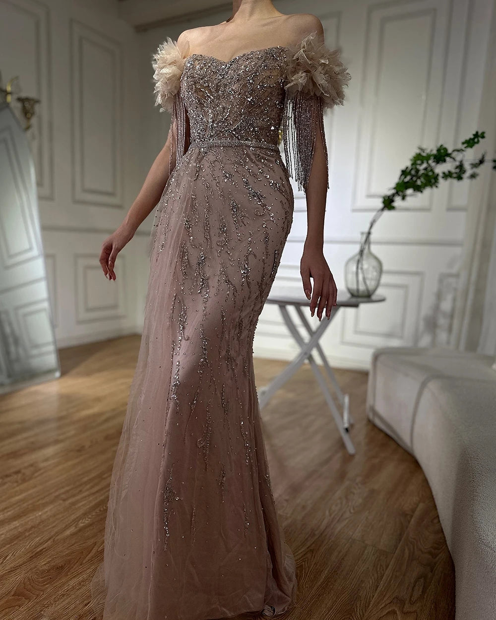Serene Hill Arabic Dubai Nude Mermaid Luxury Evening Dresses Gowns Boat Neck Beaded Tassel For Women Wedding Party 2024 LA72260