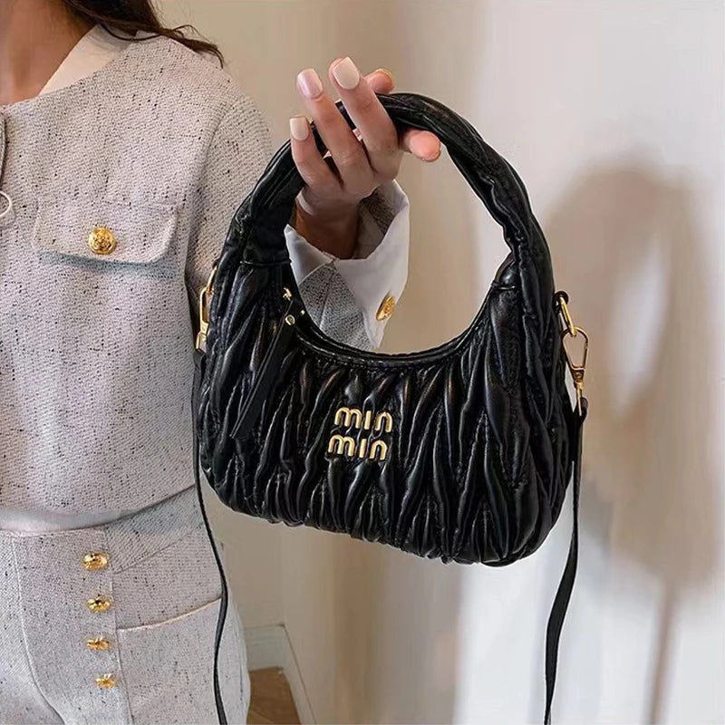 New Light Luxury Fashion Pleated Shoulder Bag Women's Bag Monogram Logo PU Design Versatile High-End Handbag Cross-Body Bag