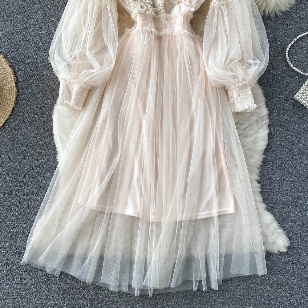 Retro Elegant Mesh Pleated two pieces Dress sets Sexy Fairy puff sleeve Summer Casual Vestidos Slim Women Evening Party Dress