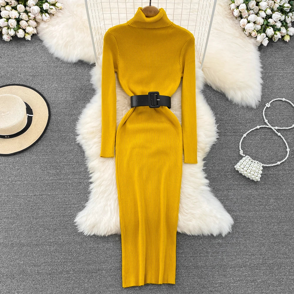 Elegant Turtleneck Long Sleeve Knit Soft Tight Pencil Dress with Belt Slim Fashion Warm Sweater Vestido Sexy Women Winter Robe