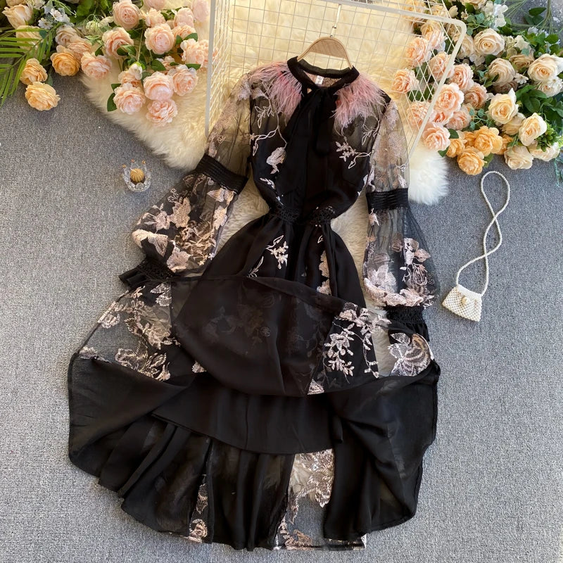 Retro Print Floral Embroidery Elegant Lace Up Dress A-line Long Sleeve Casual O-neck High Waist Dress Women Ceremonial Dress