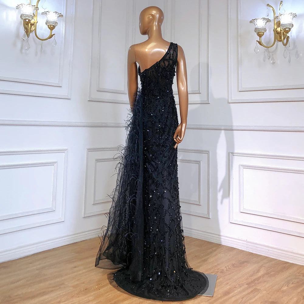 Pink Luxury One Shouder Split Evening Dresse 2023 Elegant Mermaid Beading Gowns Feathers For Women Party BLA70829 Serene Hill