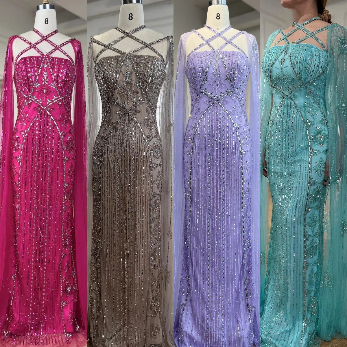 SERENE HILL Arabic Caramel Mermaid Elegant Cape Sleeves Beaded Luxury Evening Dresses 2024 Formal Gown For Women Party GLA71905A