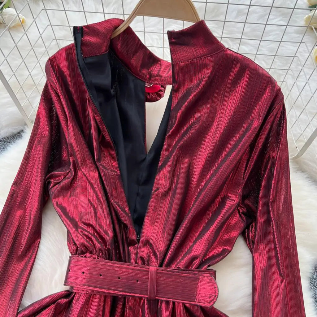 Autumn Vintage Pleated Women Long Dress Elegant Stand Collar Solid A-Line Party Prom Vestidos Female Birthday Clothes Mujers