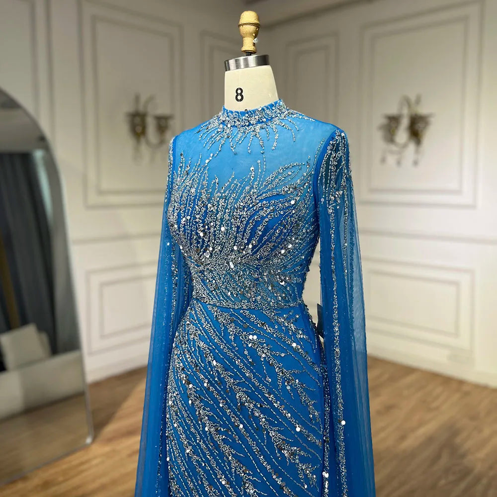 Serene Hill 2024 Nude Cape Sleeves Mermaid Lace Beaded Luxury Dubai Long Evening Dresses Gowns For Formal Occasion LA71885A