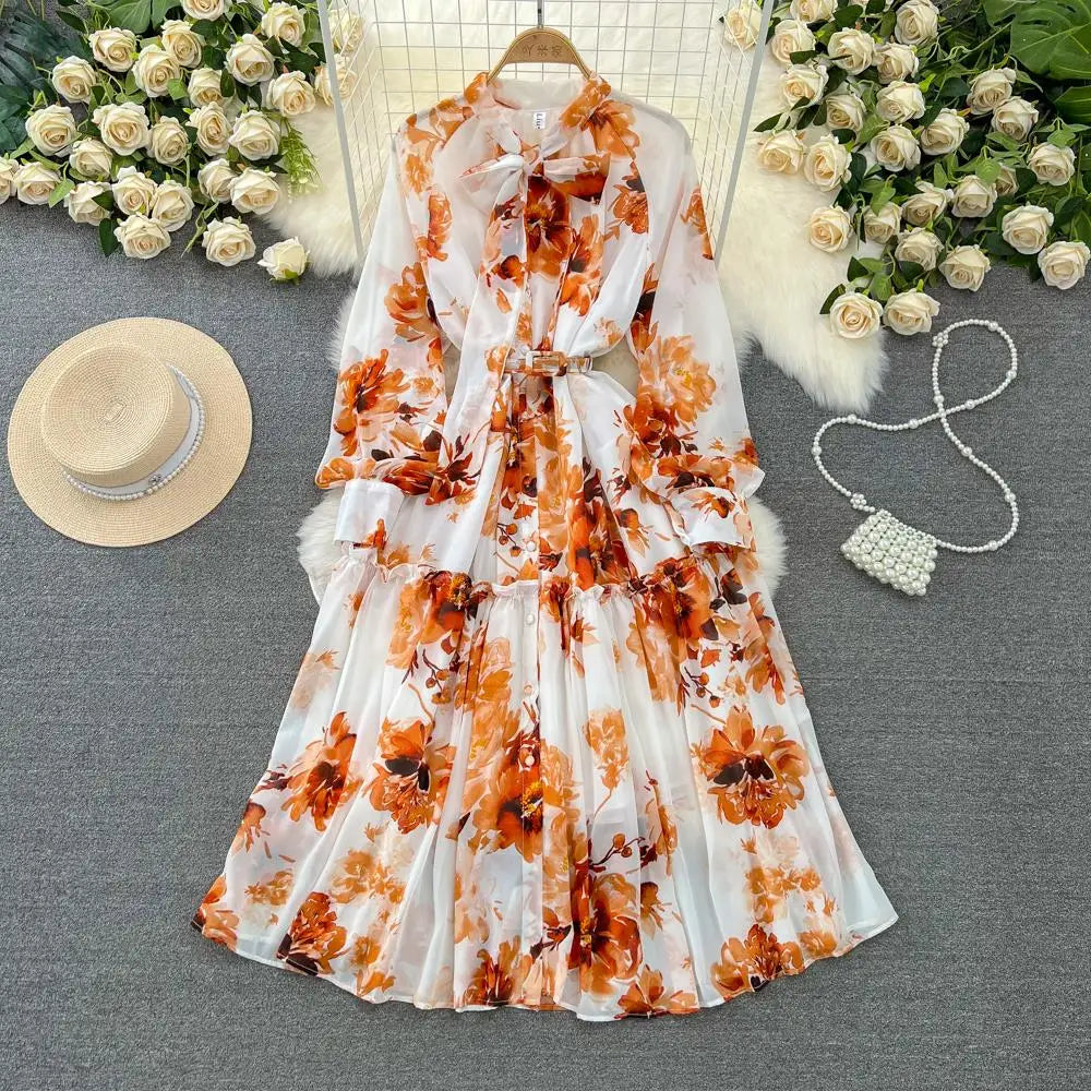 Elegant Casual Women Fashion Floral Print Long Dress Vintage Pleated A-Line Maxi Boho Beach Party Robe Female Clothes Mujers