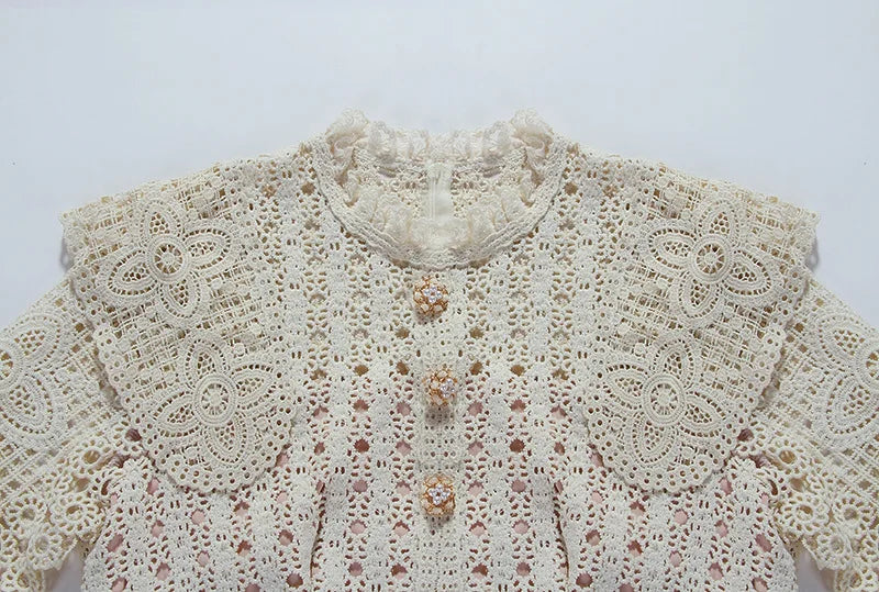 Spring Hollowed Out Design Long Sleeved Lace Dress for Women's Temperament and Elegant Slim Long Dresses with a Waist