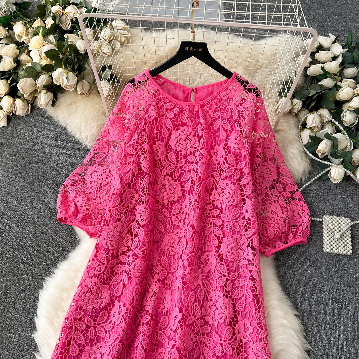 Chic Long Sleeve O Neck Lace Hook Flower Hollow Loose Dress Chiffon A-line Casual Dresses Fashion Women Elegant Vestidos