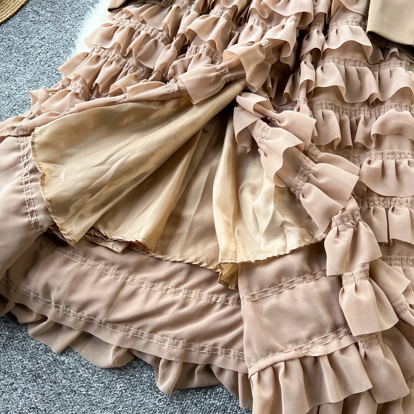 French Vintage Two Pieces Sets Notched lool sleeve mesh sweet A-line Chic PATCHWORK Women Summer dresses