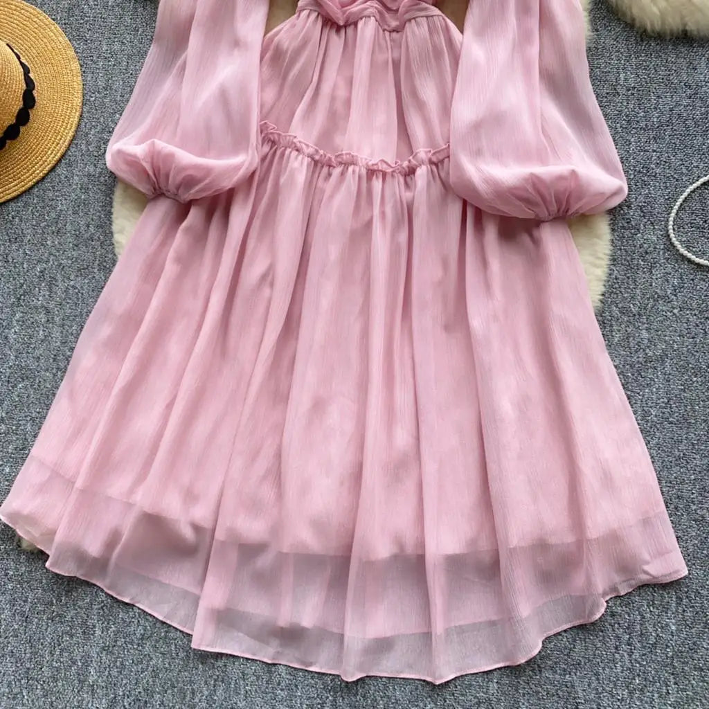 Elegant Tassel Beaded Lantern Sleeve Midi Dress Women French Stand Collar Slim A-Line Pleated Female One Piece Casual Mujer New