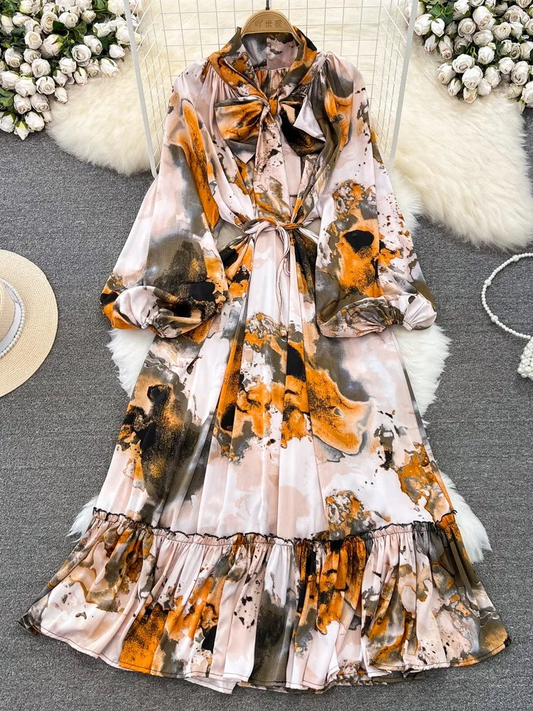 Elegant Casual A-Line Vintage Ruffle Print Long Dress Autumn Lantern Sleeve Party Boho Dresses Beach Holiday Female Vestidos