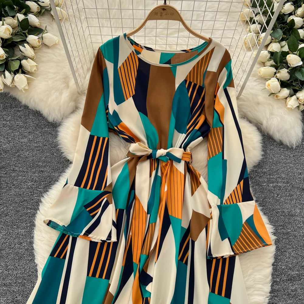 Women Vintage Print Dress for Women Autumn Flare Long Sleeves Lace Up Ruffles Slim Waist Evening Party Dresses A-Line Vestidos