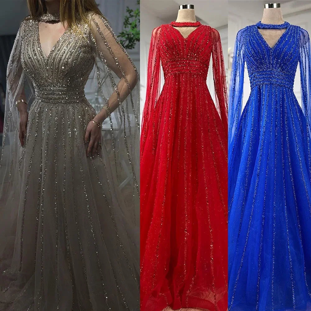 SERENE HILL 2024 Arabic Caramel A-Line Cape Sleeves Beaded Evening Dresses Luxury Gowns For Women Wedding Party GLA72171