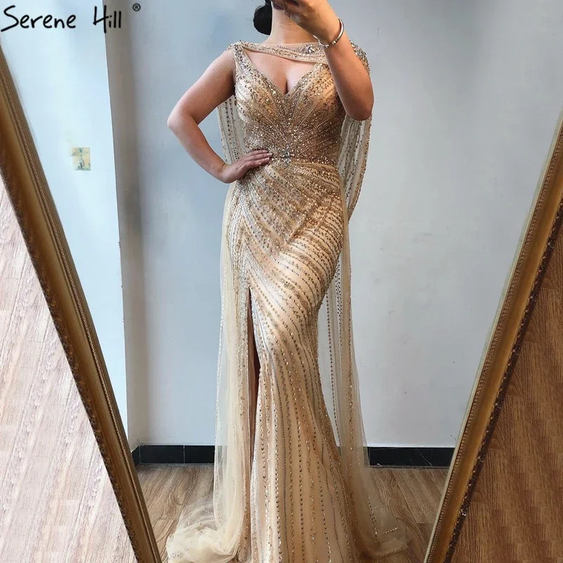Luxury Champagne Split Evening Dresses 2024 Diamond Beaded Sleeveless Mermaid Formal Serene Hill LA70301