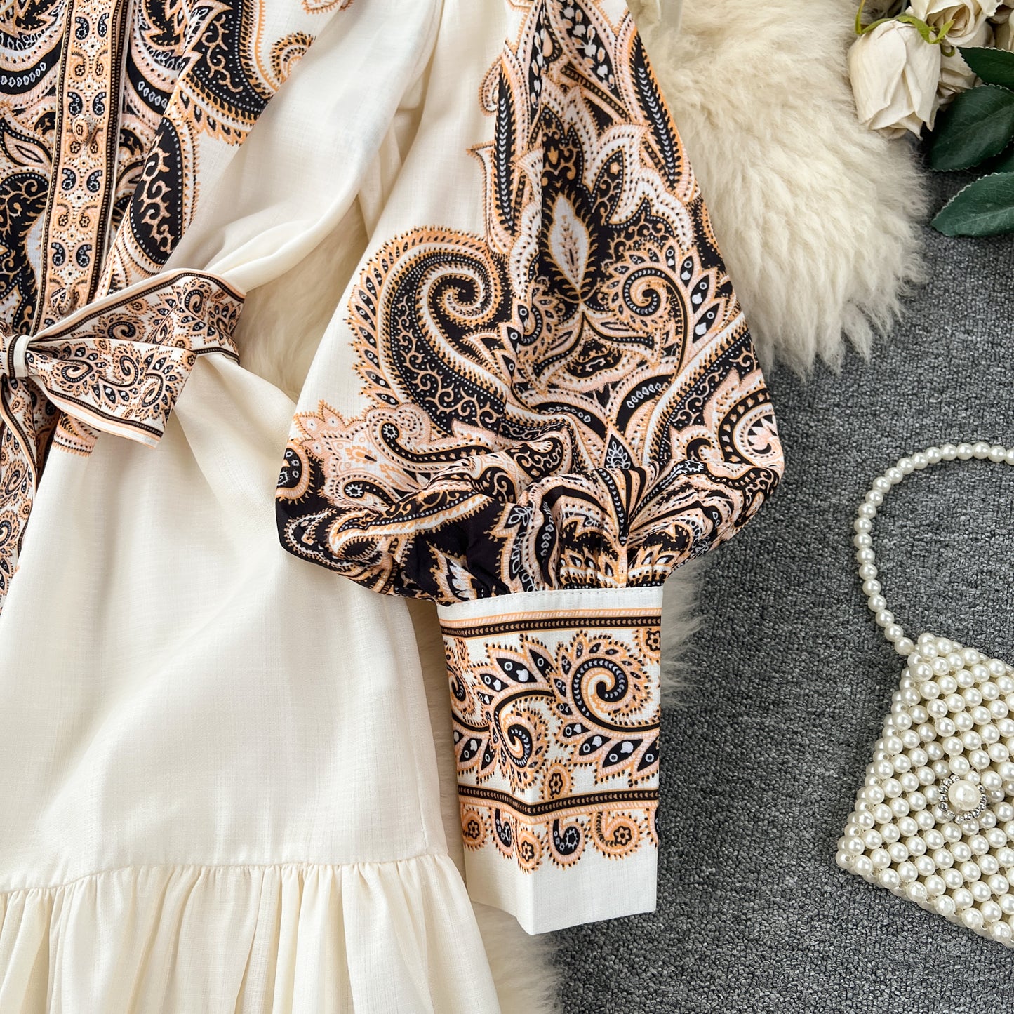 Vintage Print Elegant Half High Collar Lantern Long Sleeve Dress A-line Casual Women Fashion Autumn Spring Vestidos