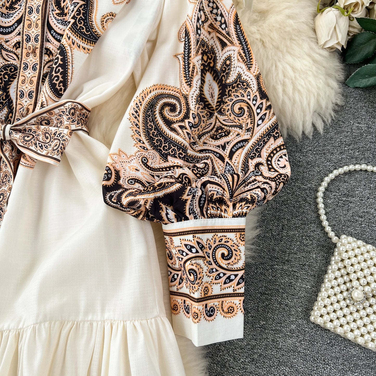 Vintage Print Elegant Half High Collar Lantern Long Sleeve Dress A-line Casual Women Fashion Autumn Spring Vestidos