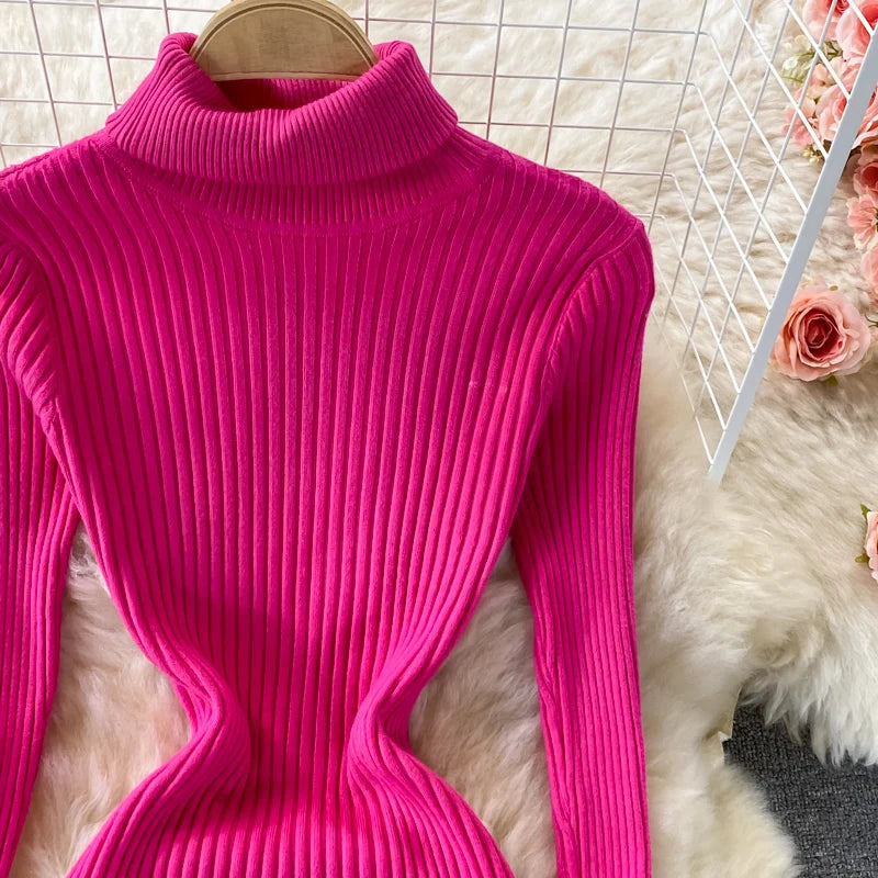 Women Chic Turtleneck Long Sleeve Sexy A-line Sweater Dress Vintage Korean Fashion Knit Vestido Elegant Autumn Winter Knitwear