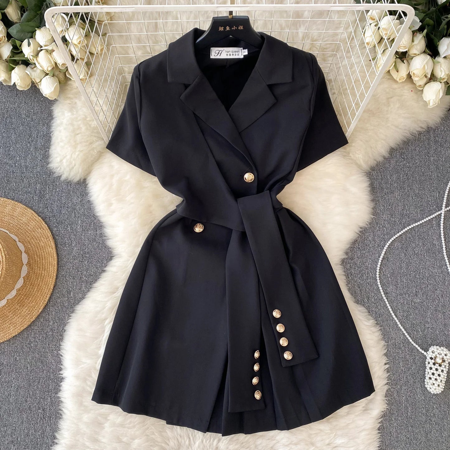 Retro Black Blazer Dress Women Lapel Short Sleeved Short Dresses Summer Casual Short Sleeve Slim Bandage Dress Vestidos