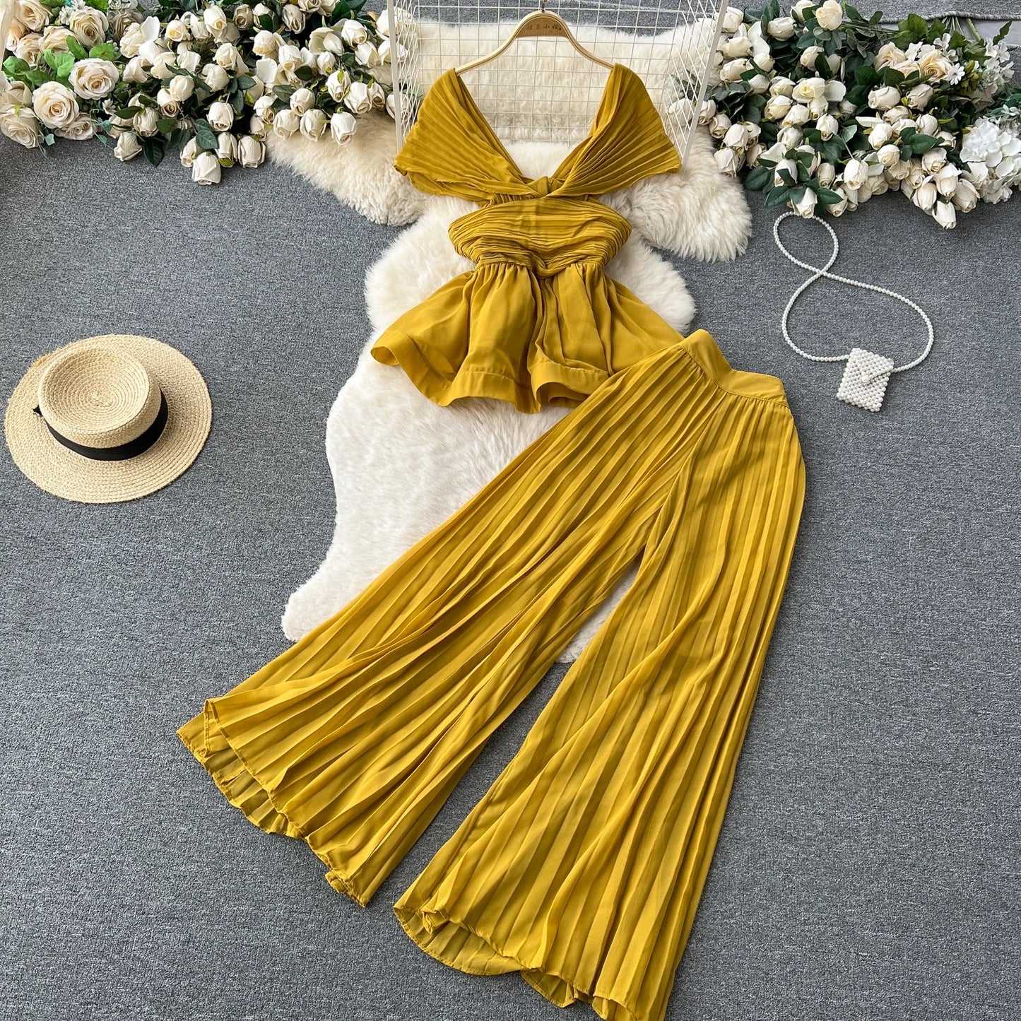 Sexy Two Pieces Sets Chic Pleated Sleeveless Off Shoulder Top with Fashion Hotsweet High Waist Wide Leg Pant Sets