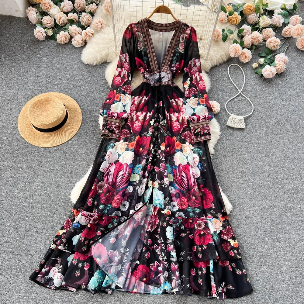 Retro Floral Print Pleated Elegant Chiffon Maxi Dress A-line Mesh V Neck Beach Vacation Party Dress Women Summer Spring Vestidos