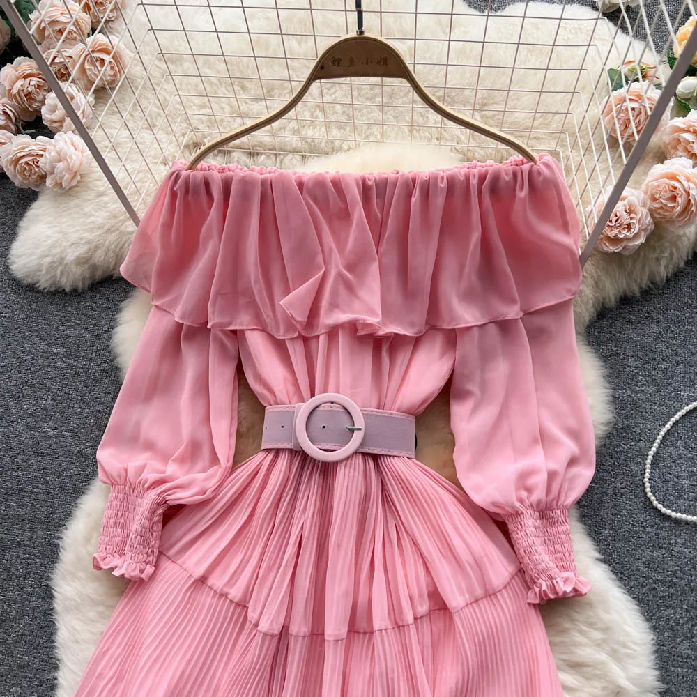 Vintage Pleated Slash Neck Off Shoulder High Waist Dress Long Sleeve Dress Chic Summer Beach Vestidos Women Vacation Sundress