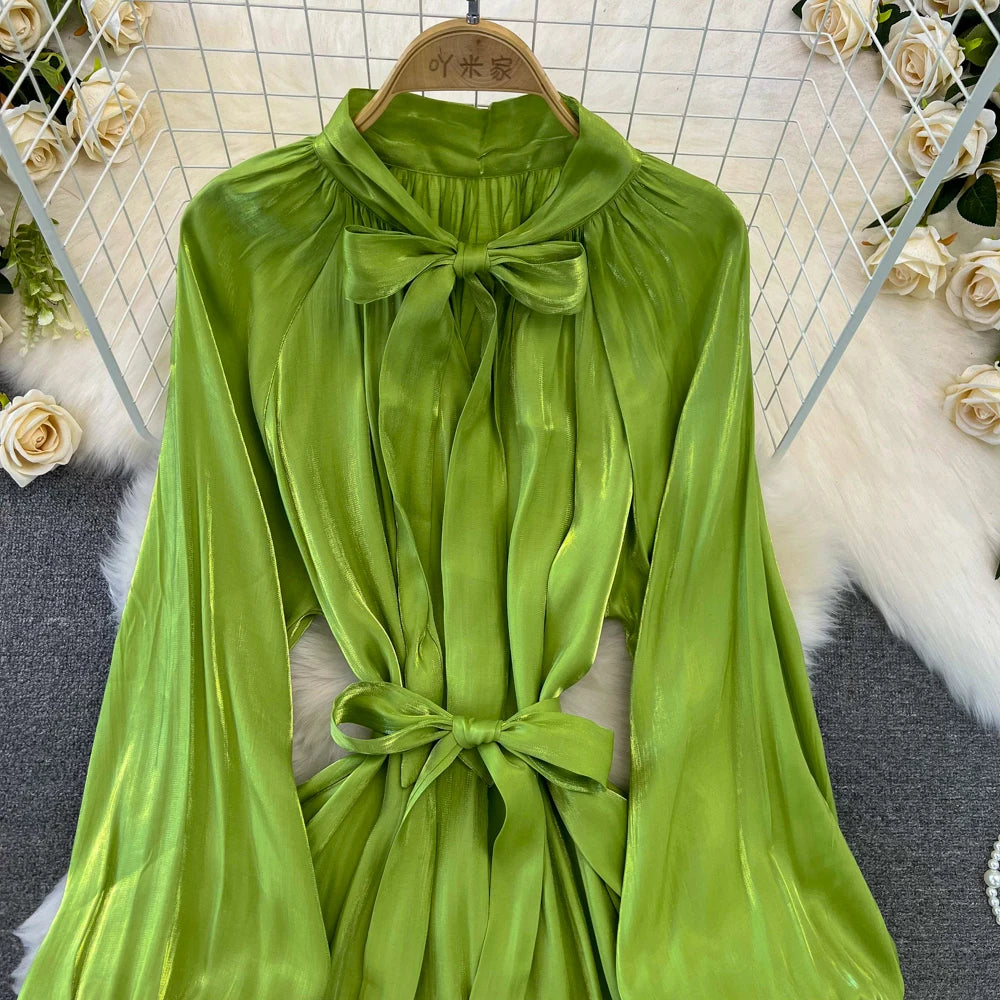 Autumn Elegant Women Fashion Party Long Dress Bow Lace Up Long Sleeve Evening Dresses A-Line Casual Vestidos One Piece Prom Robe