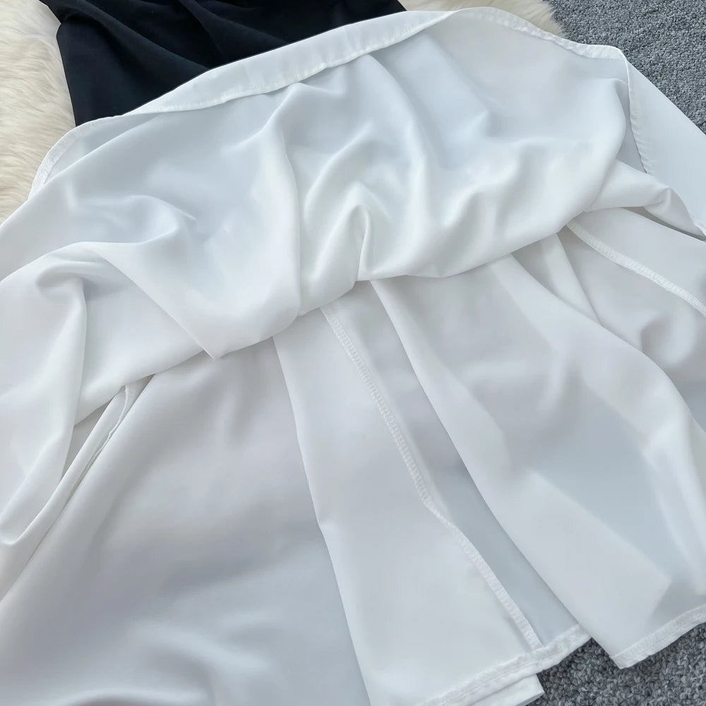 Elegant Pleated Mermaid Dress for Women Autumn Black White Patchwork Evening Party Dresses Autumn Slim Waist Prom Vestidos Robe