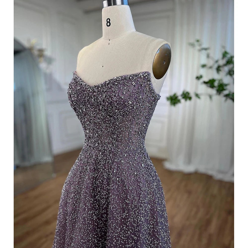 Serene Hill Arabic Luxury Purple A-Line Elegant Strapless Beaded Evening Dresses Long for Woman Wedding Party LA72147