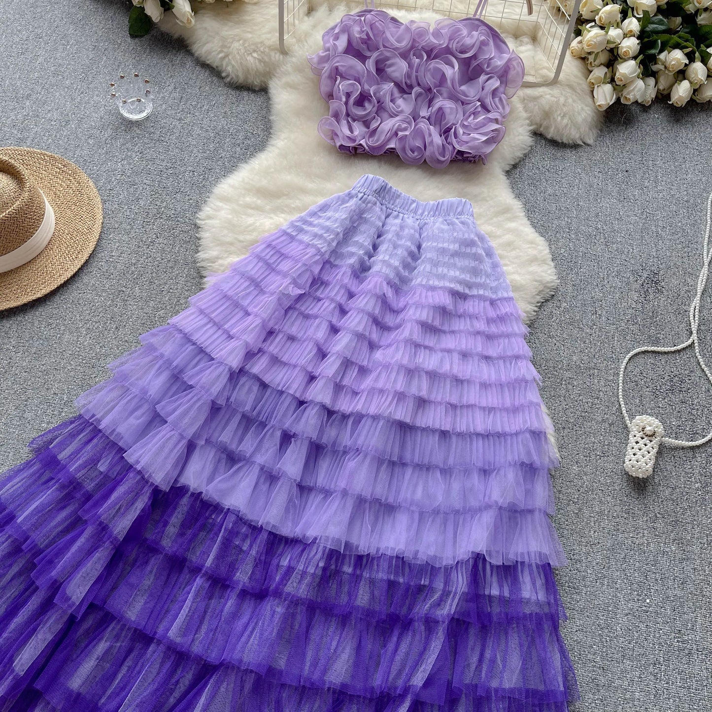 New Women Two Piece Set Summer Three-dimensional Flower Mesh Vest Tank Tops+mesh Long Skirts Fashion Korean Outfits
