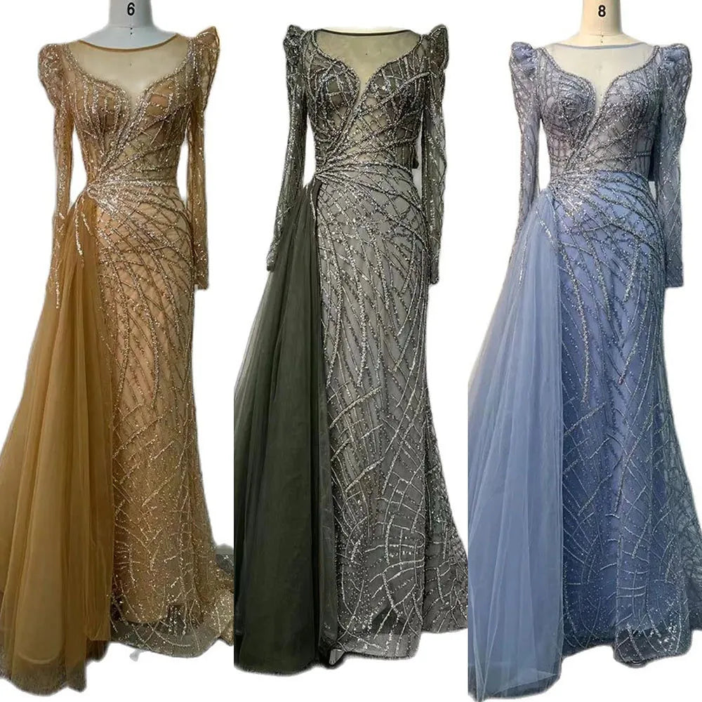 Serene Hill Muslim Gold Mermaid Beaded Luxury Dubai Evening Dresses Gowns With Overskirt 2024 For Women Party LA72206