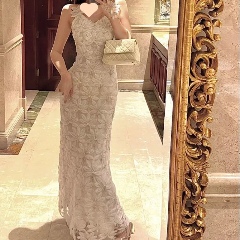 French High end Luxury Elegance Flower Studded Bead Relief Dress Women Slim Waist Closing Designer Spaghetti Strap Long Dresses