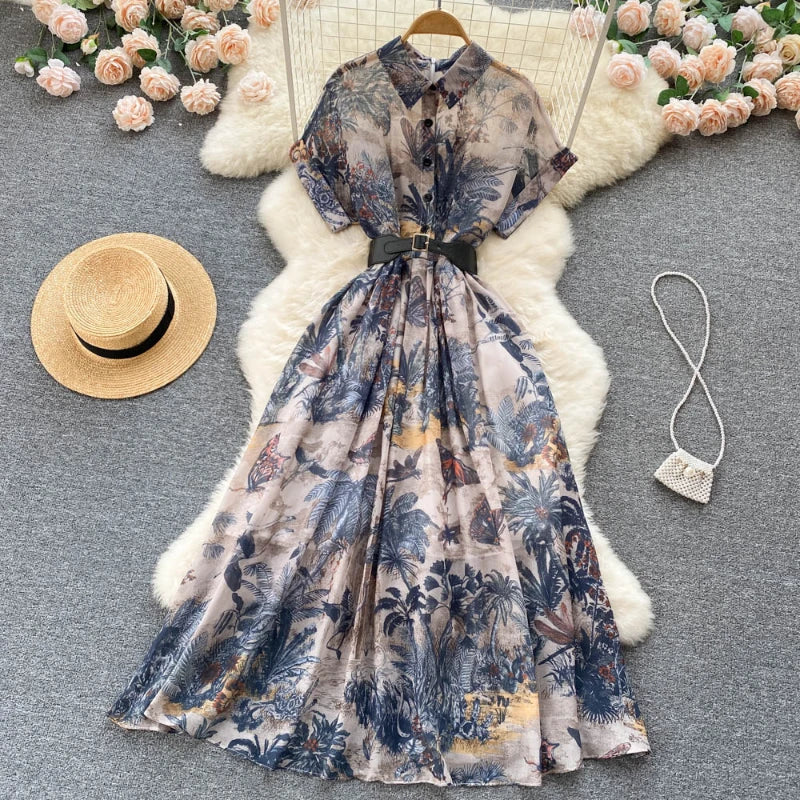 2022 Women Vintage Party Dress Summer French Elegant Print Dress Ladies High Waist Retro Single Breasted Belt Casual Long Dress