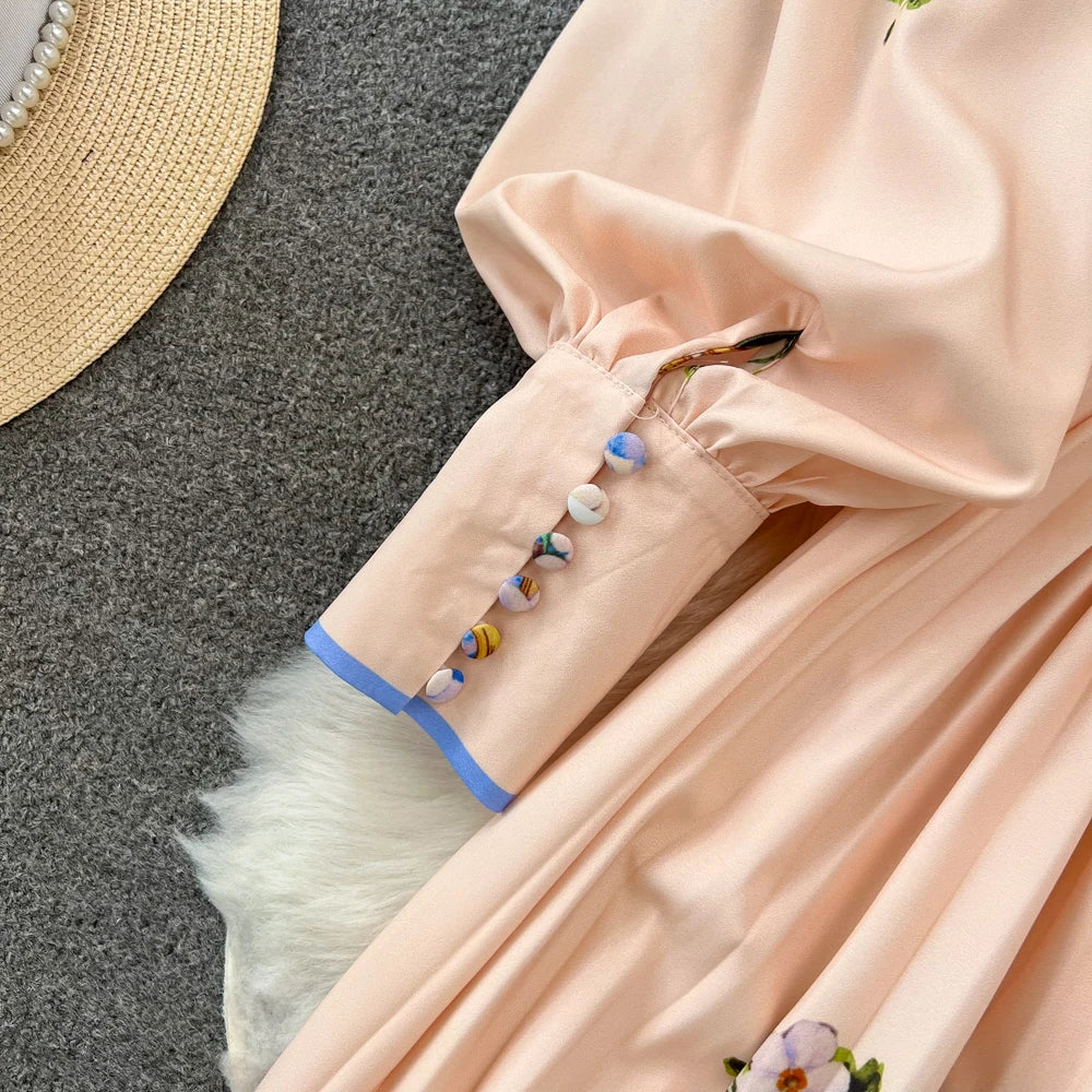 Vintage Print Elegant Lantern Long Sleeve Lapel A-line Dress Casual Women Fashion Autumn Spring Dress