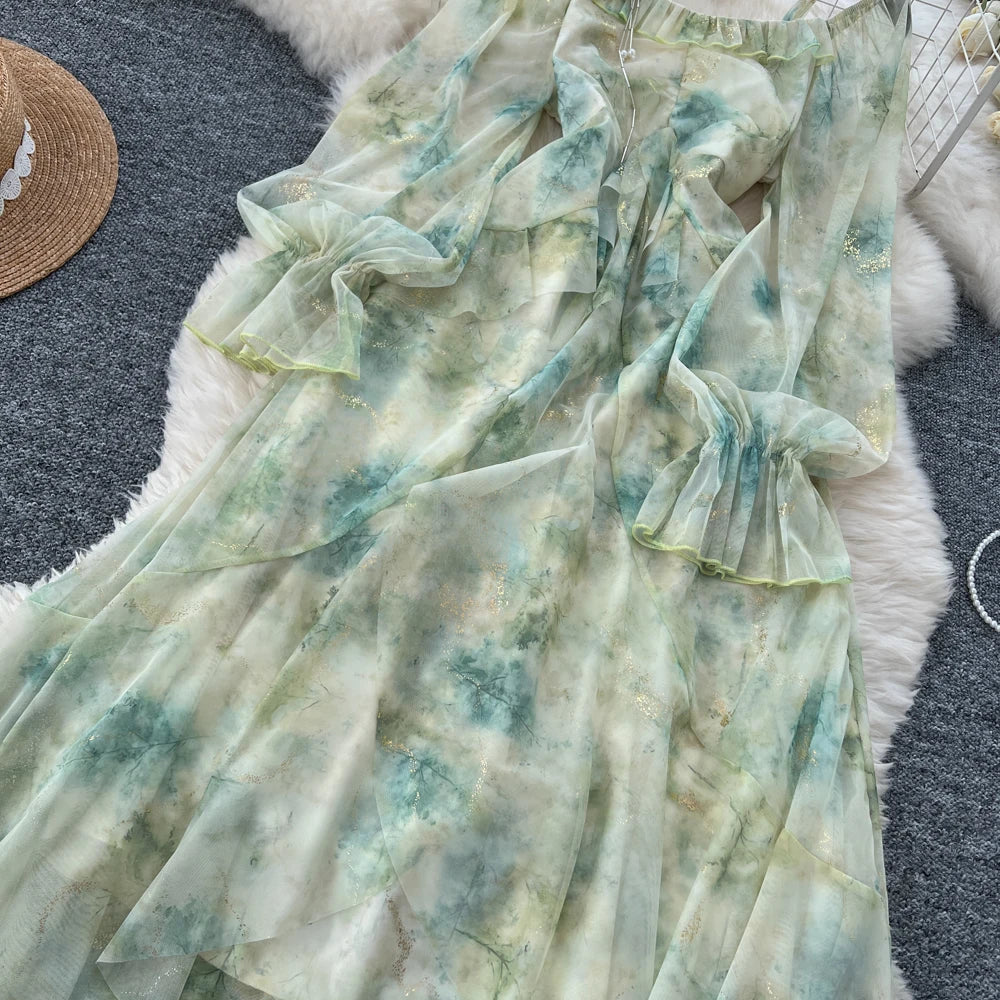 Elegant Bright Silk Print Party Dress for Women Casual Off Shoulder Spaghetti Strap Flare Sleeve Slim Waist Vestidos A-Line Robe
