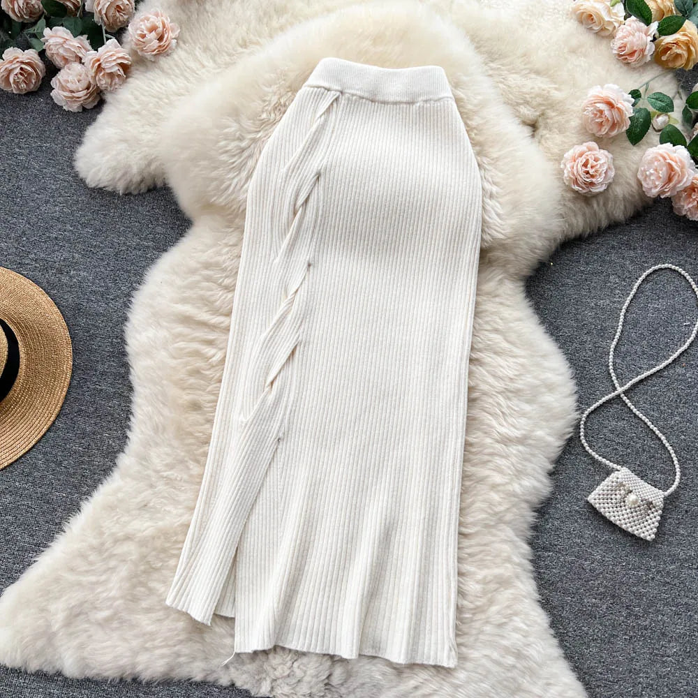 Women Elegant Chic Split Sexy Skirt Elastic Knit High Waist Fashion Vintage Pencil Skirt Black White Spring Autumn Clothing